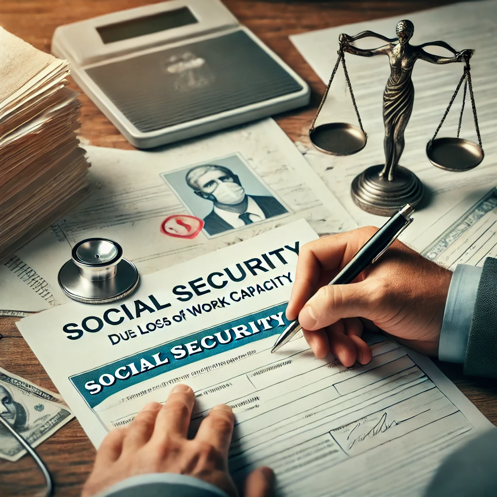 A person filling out forms at a desk surrounded by symbols of social security and work incapacity.