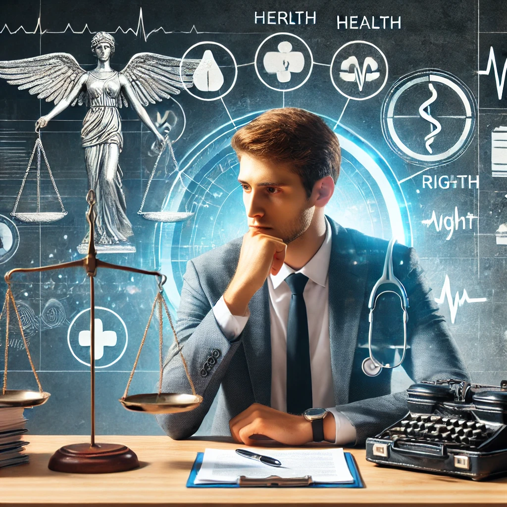 A professional scene depicting an individual sitting at a desk with medical and legal documents looking concerned